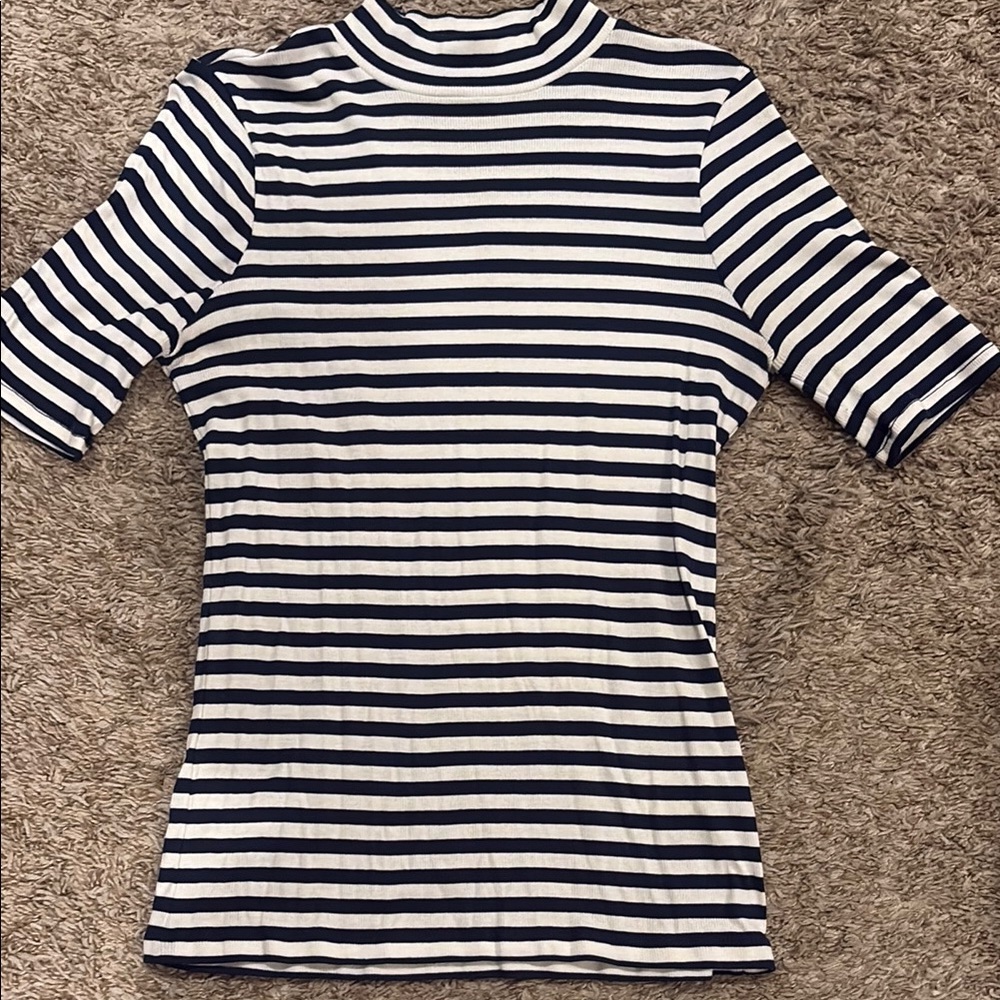 Madewell Navy and White Ribbed Fitted Tee